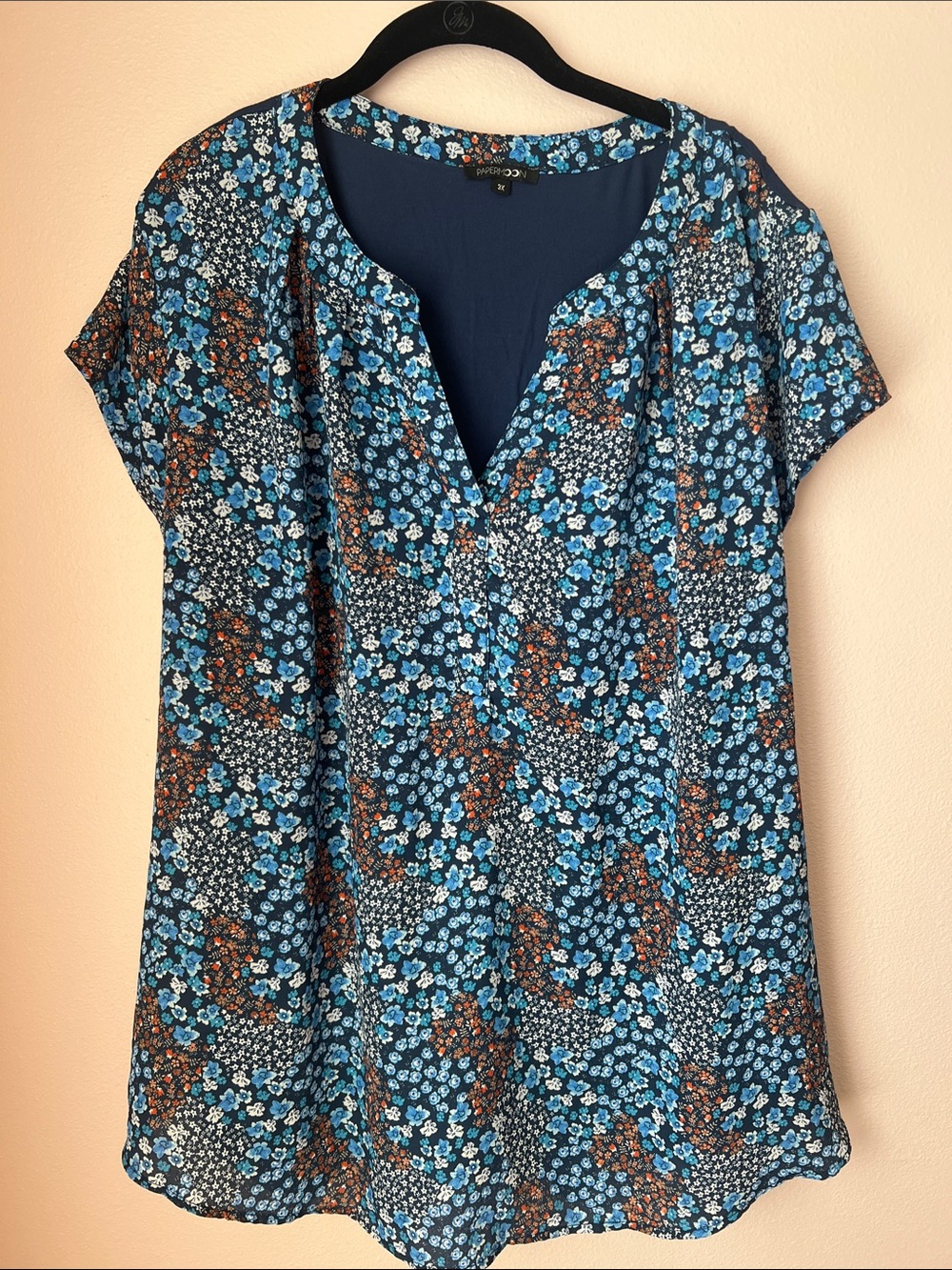 Papermoon Navy Floral Split V-Neck Tunic with Blue and Brown Accents